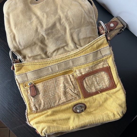 Fossil Yellow Canvas Crossbody Messenger Bag Leather Trim Buckle Flap Organizer - Picture 9 of 14